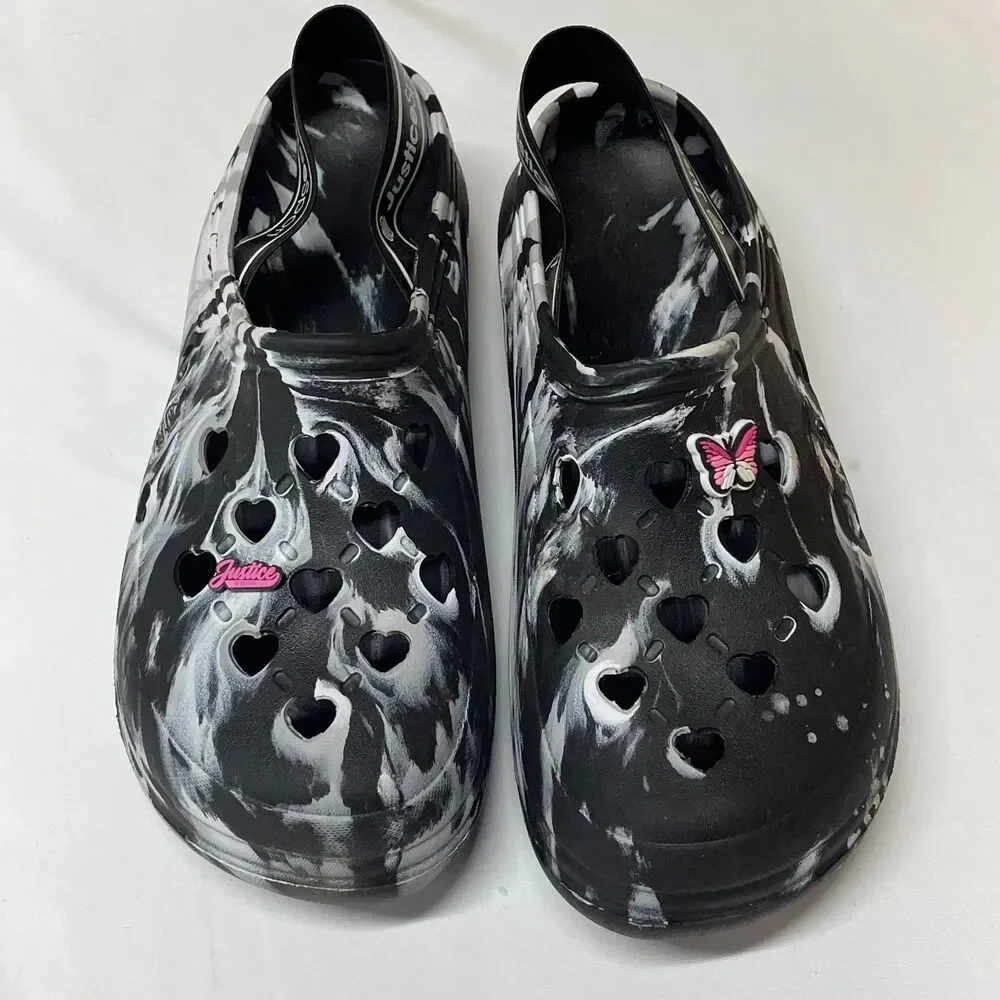Justice Sport Marbled Heart Clogs Black White Slip-On Shoes Butterfly Charms